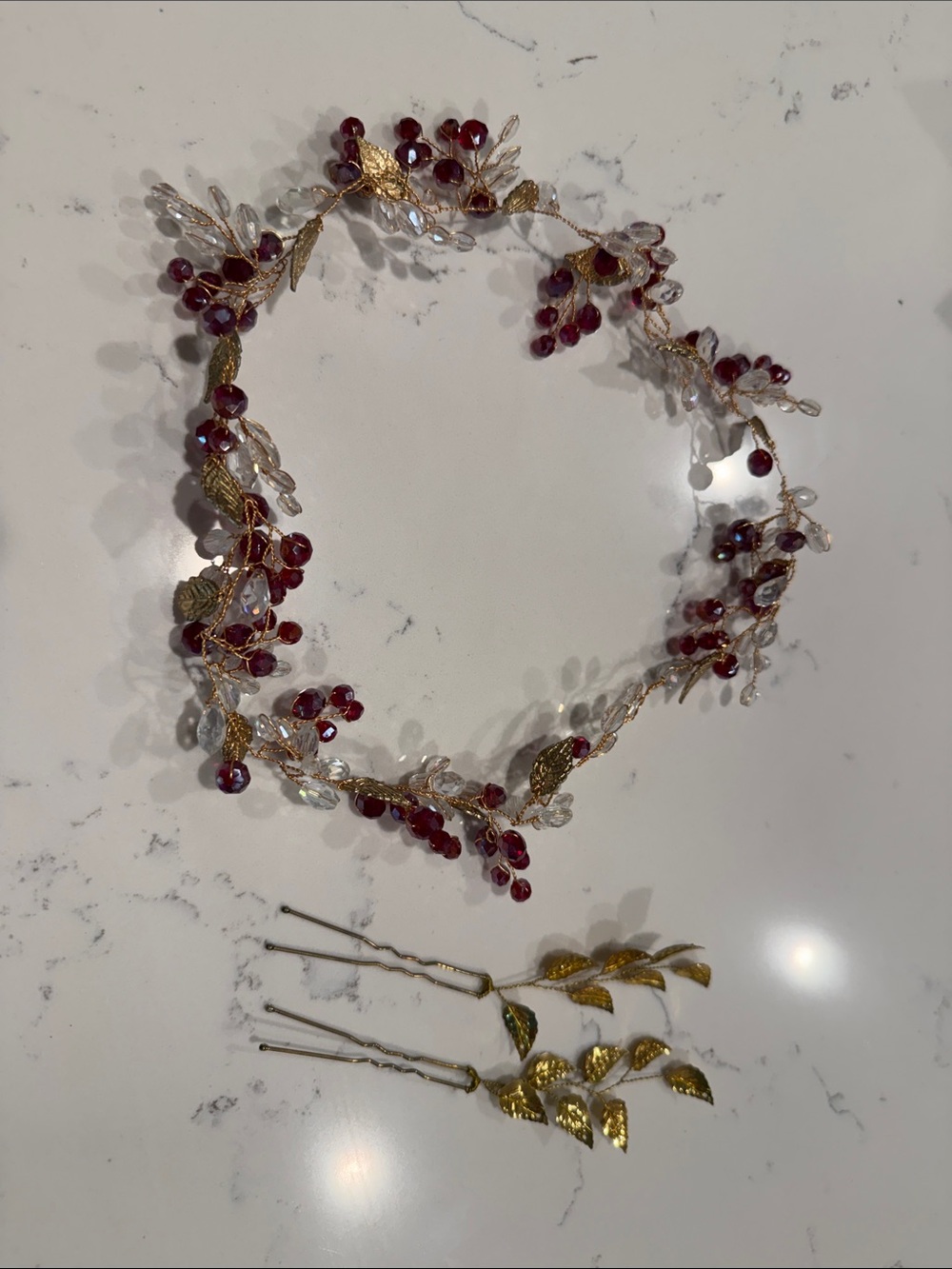 Gold Leaf and Red Bead Bridal Hair Vine and Pins